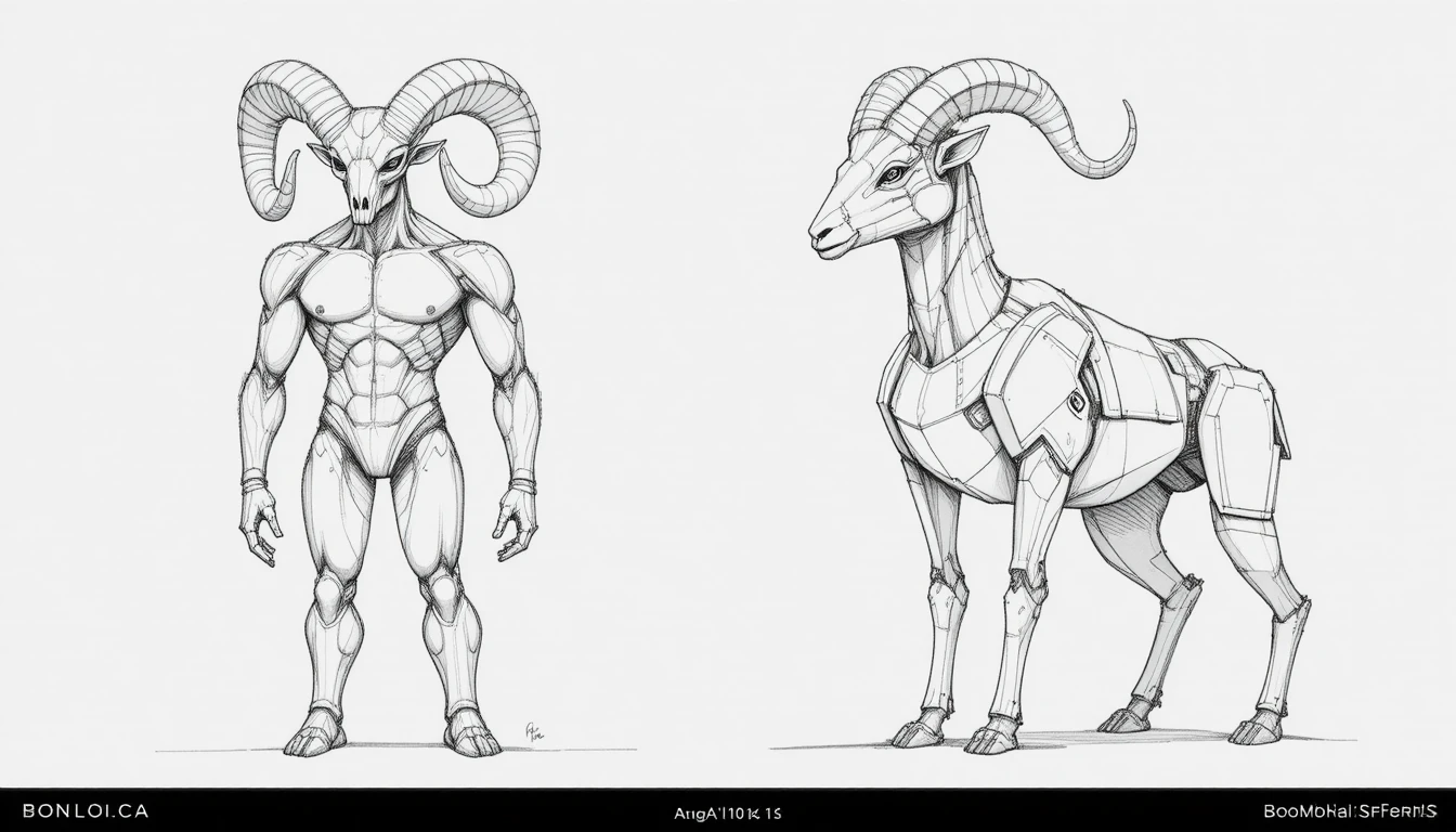 Pencil sketch of humanoid ram and quadruped ram concept