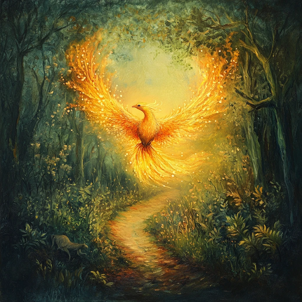 Radiant phoenix guiding lost souls through a dark forest