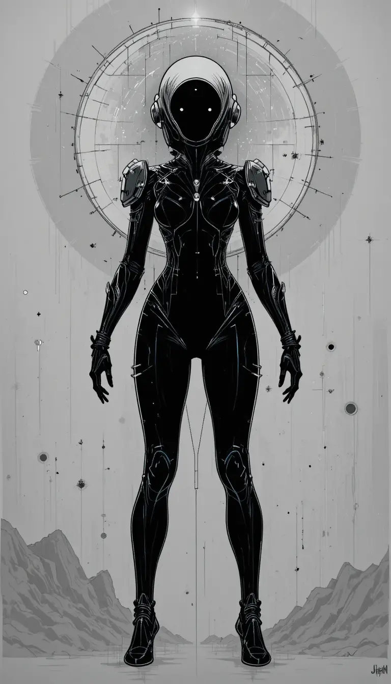 Futuristic cybernetic woman in halo black and white drawing