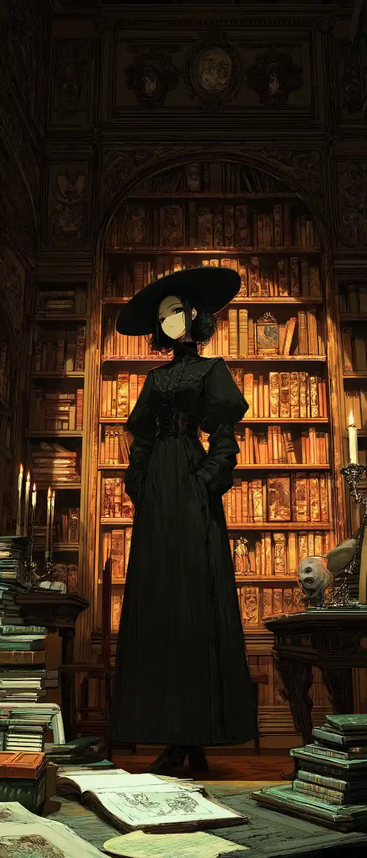 Enigmatic anime librarian in a candlelit gothic library