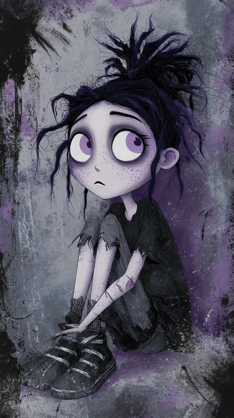 Melancholic gothic chibi figure with large purple eyes