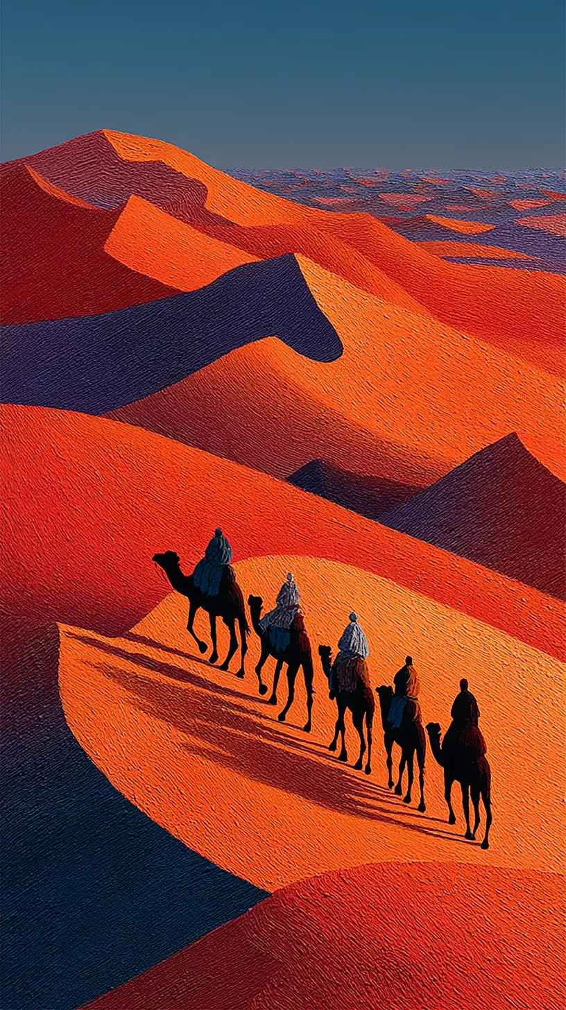 Tuareg camel caravan crossing sunlit Saharan sand dunes