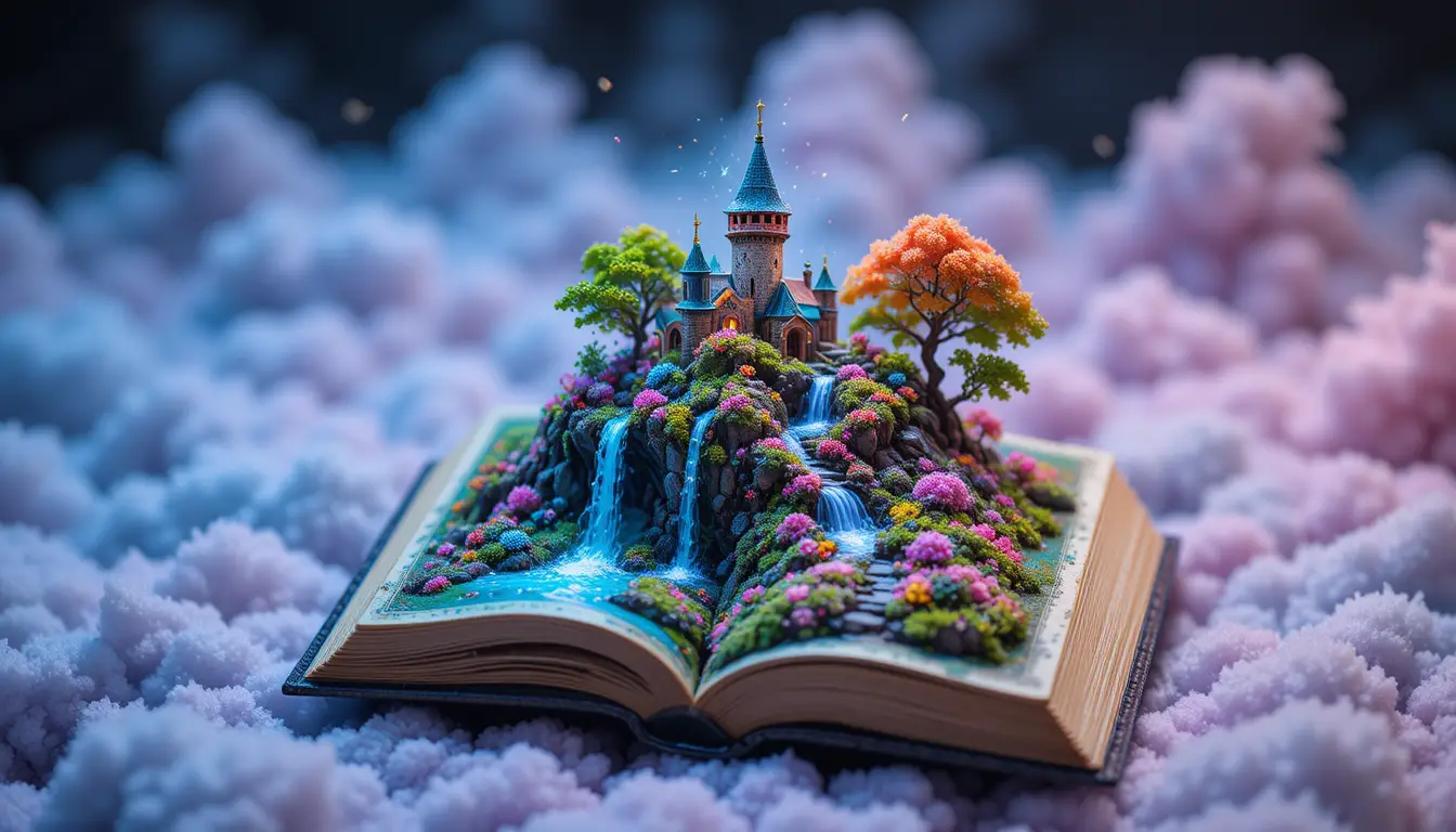 Miniature open book revealing a vibrant fairy tale world