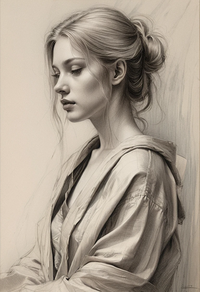 Pencil sketch profile of a young woman in quiet reflection