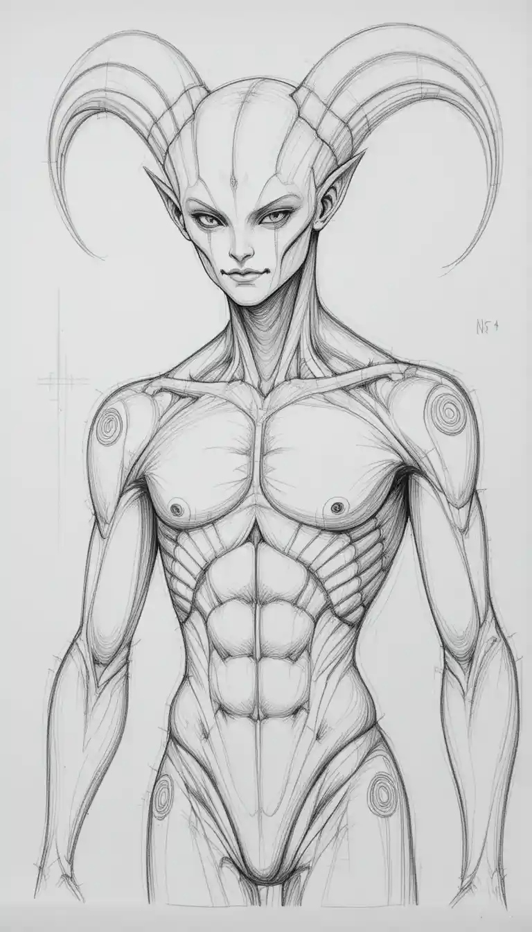 Pencil sketch of a horned humanoid creature bust design
