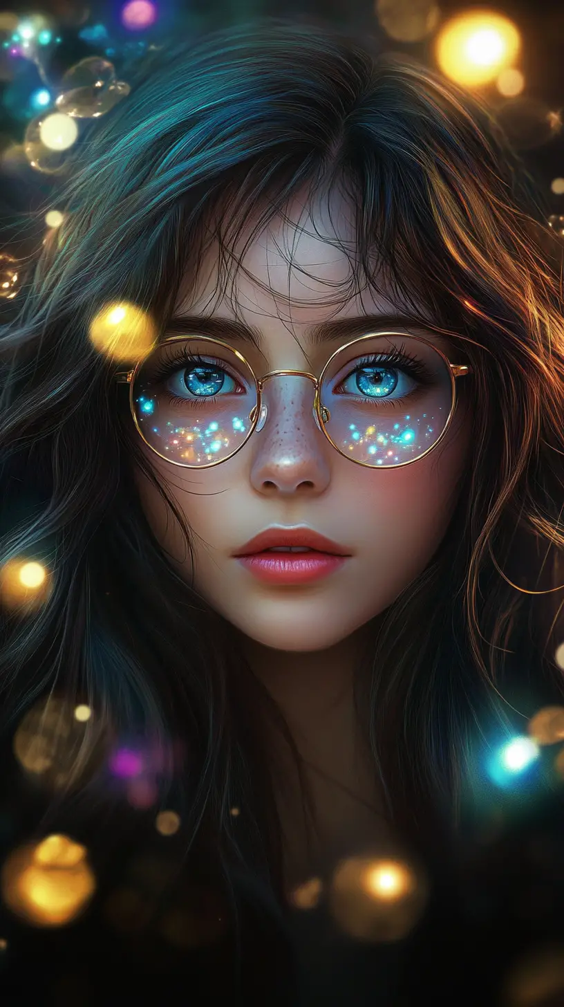 Ritratto di ragazza anime con sfere luminose e occhiali riflettenti