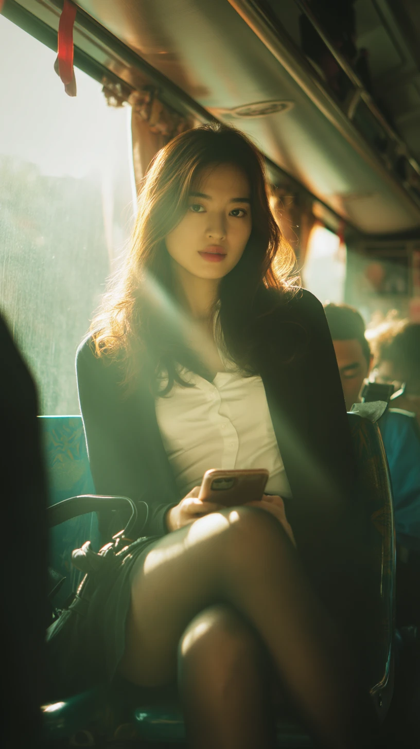 Asian woman on a morning bus absorbed in her phone
