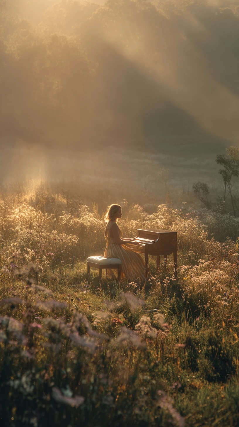 Woman Playing Piano In Sunrise Wildflower Field