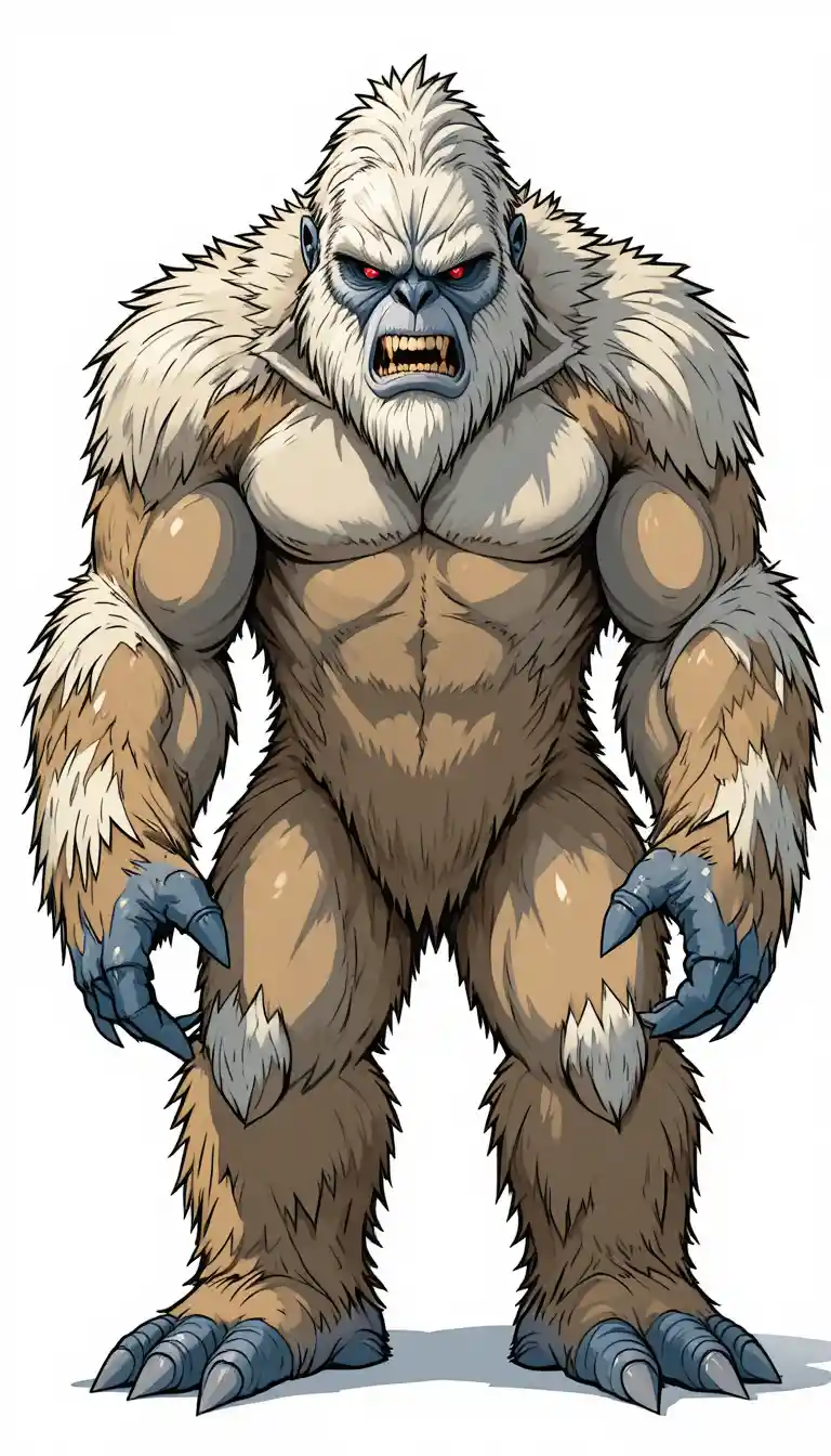 Cartoon yeti with fierce red eyes on white background