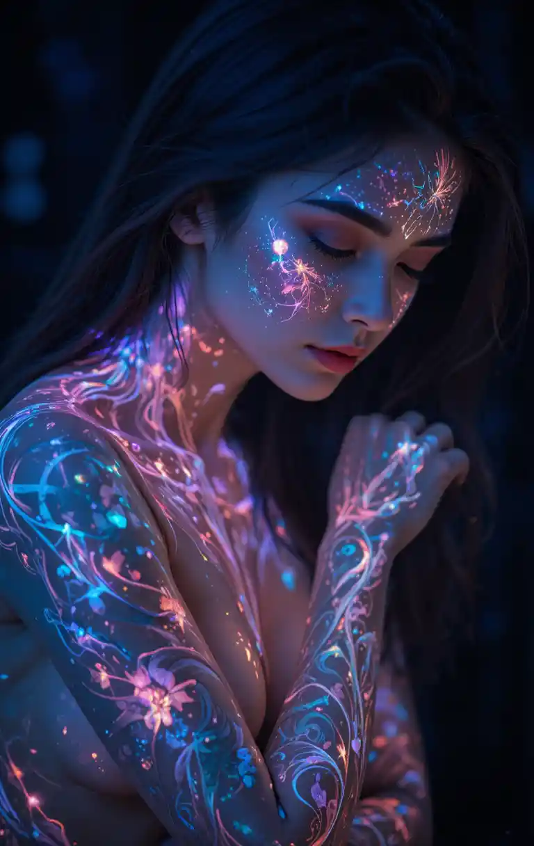 Ethereal woman with glowing cosmic body paint portrait