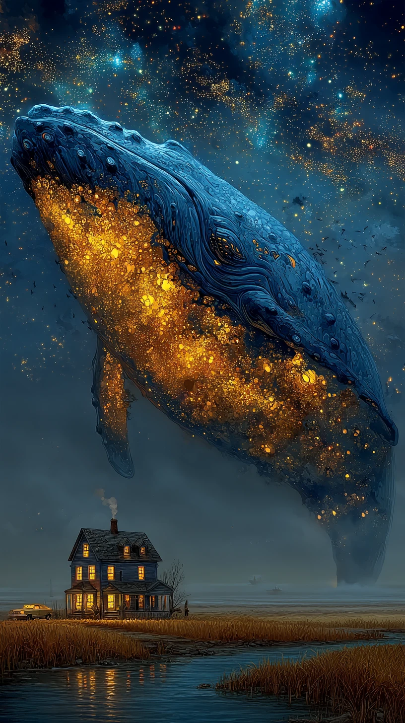 Colossal blue whale drifting across a glowing night sky