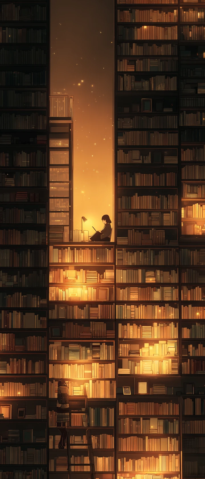 Bibliotecaria de anime abriendo libros en una biblioteca tenue