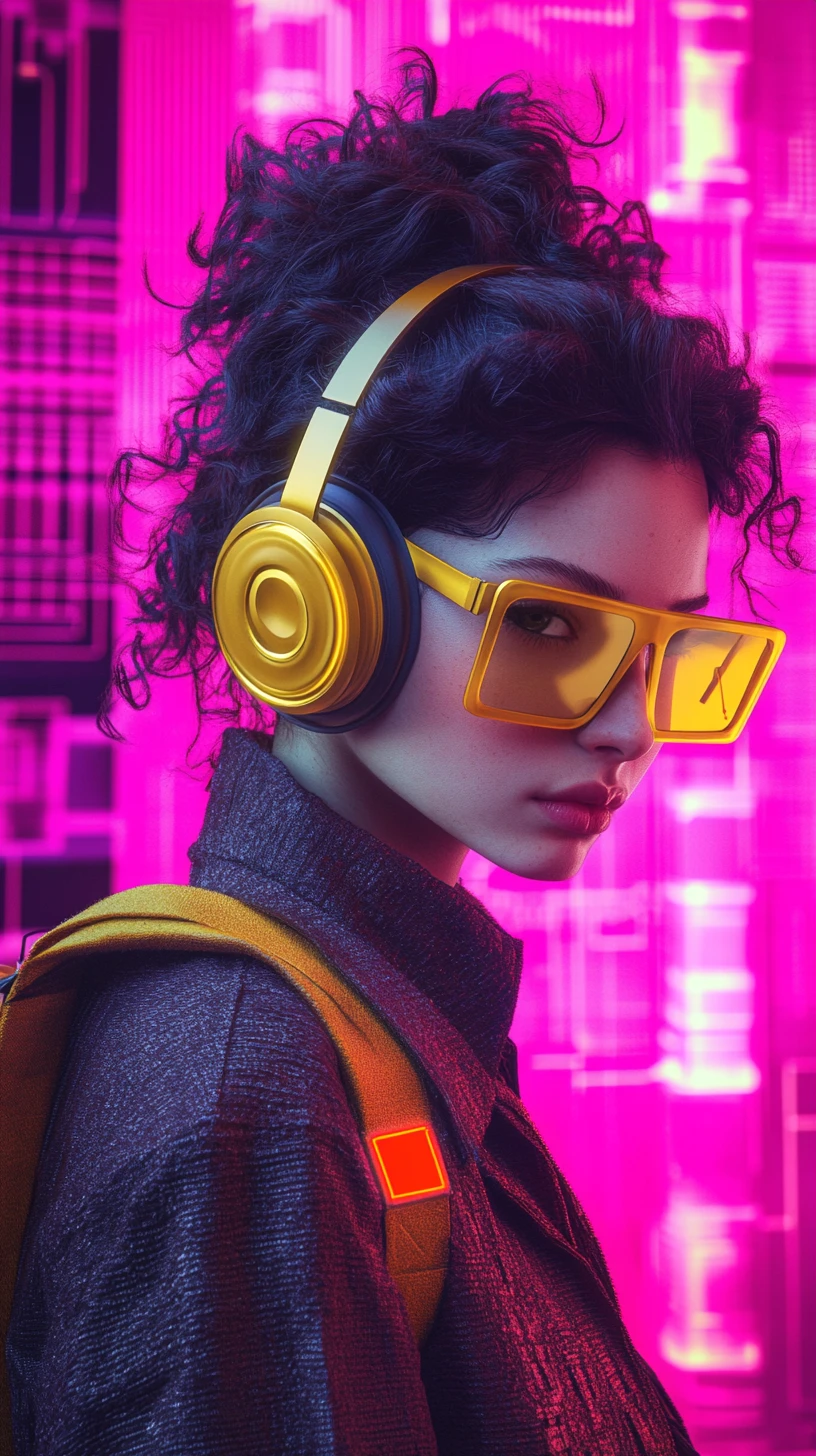 Ragazza cyberpunk con cuffie e città al neon sullo sfondo