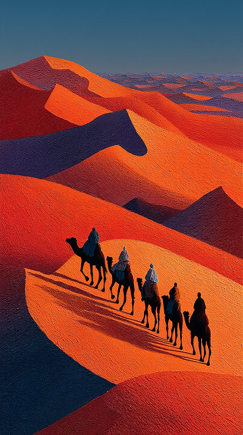 Caravana tuareg de camellos cruzando las dunas soleadas del Sahara