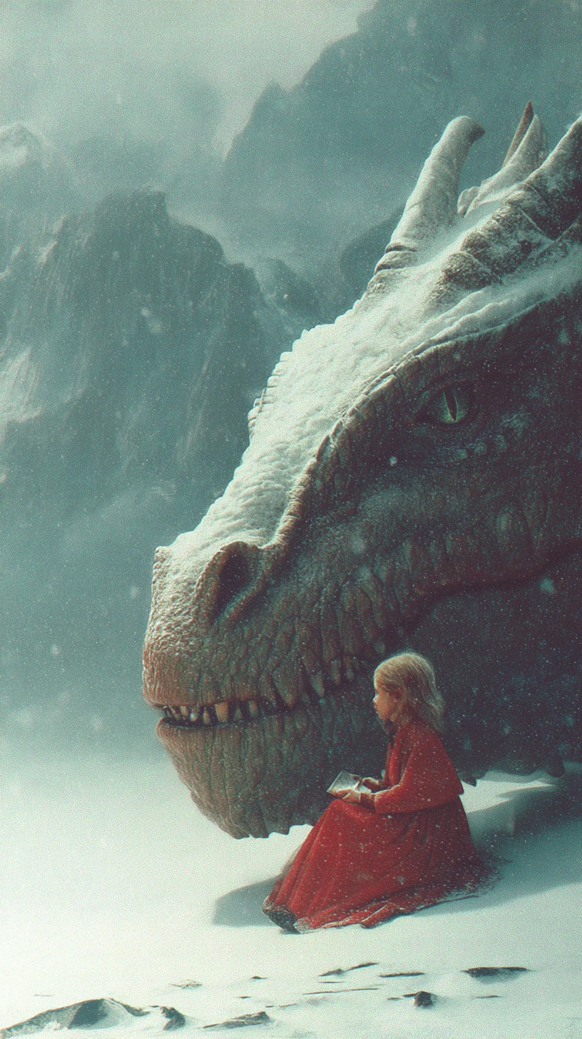 Ragazza in rosso accanto a un drago su un altopiano innevato