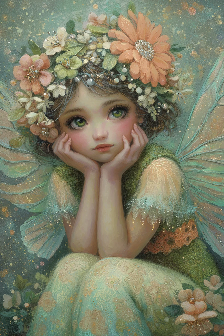 Whimsical fairy in a surreal retro fantasy garden painting
