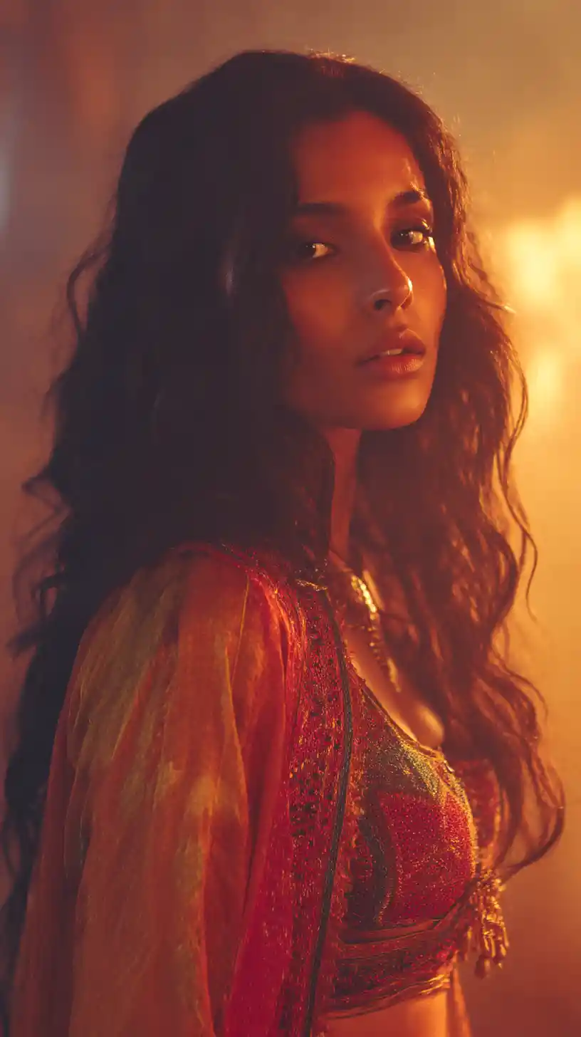 Mulher indiana em retrato contraluz cinematográfico e quente