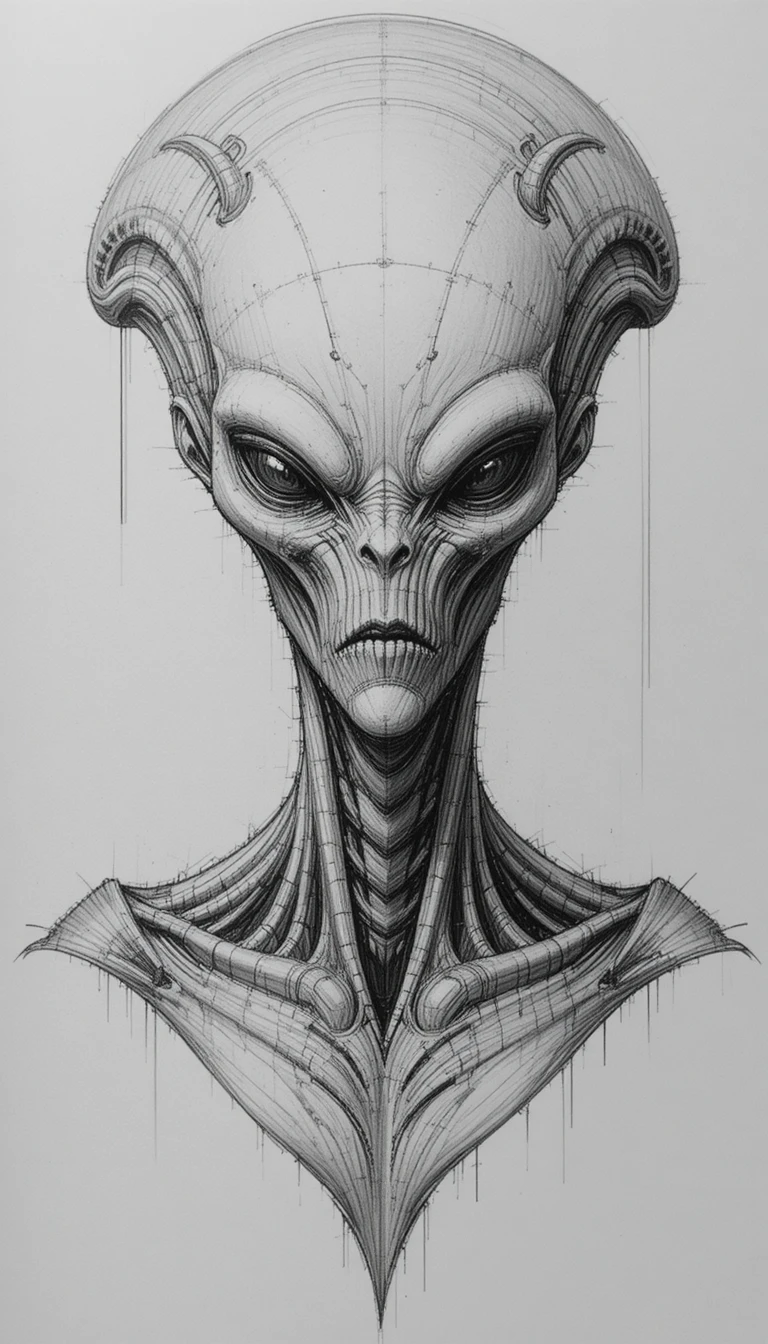 Pencil sketch of an ominous alien bust with elongated head
