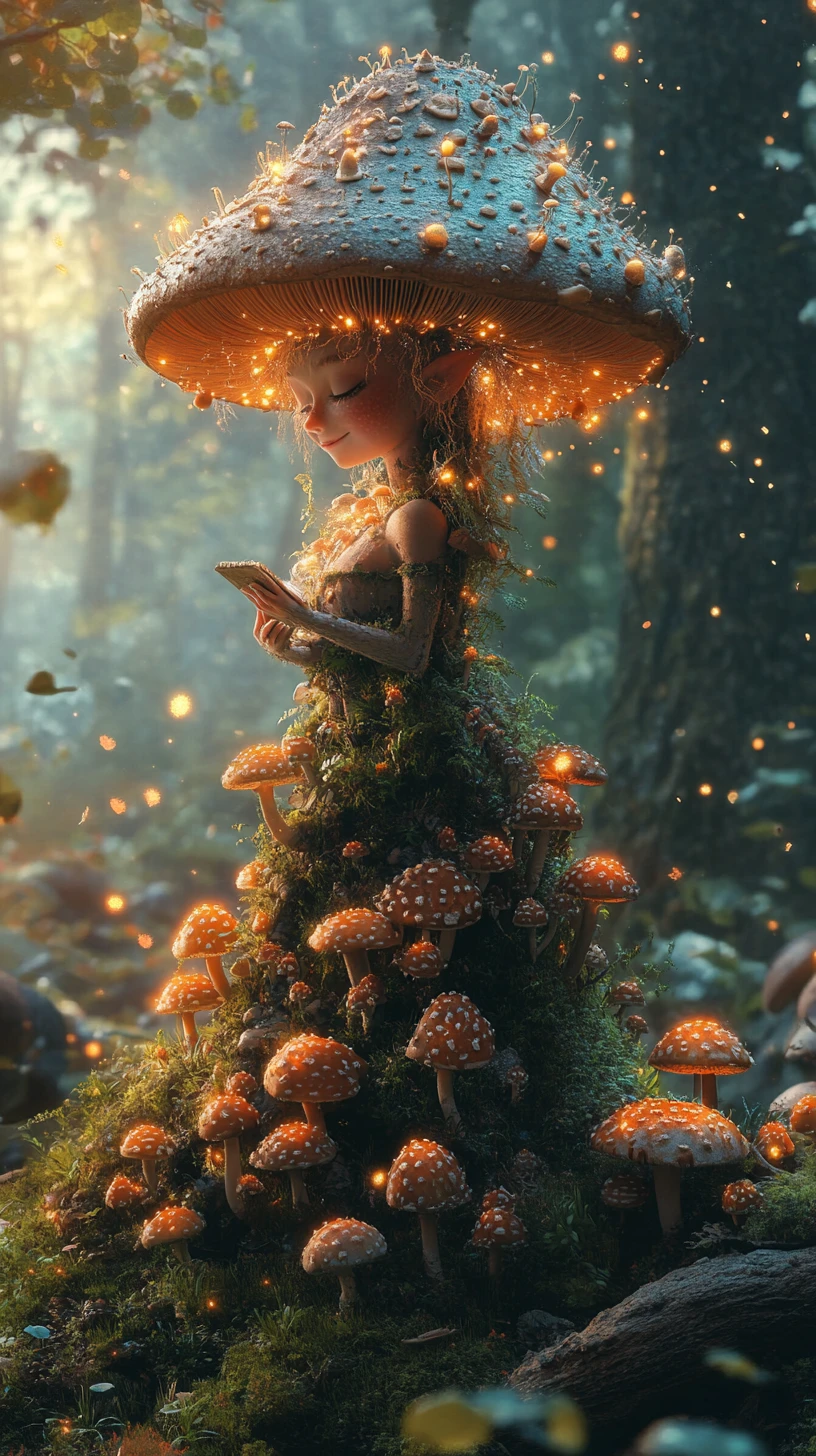 Forest guardian woman watching over a tiny mushroom village