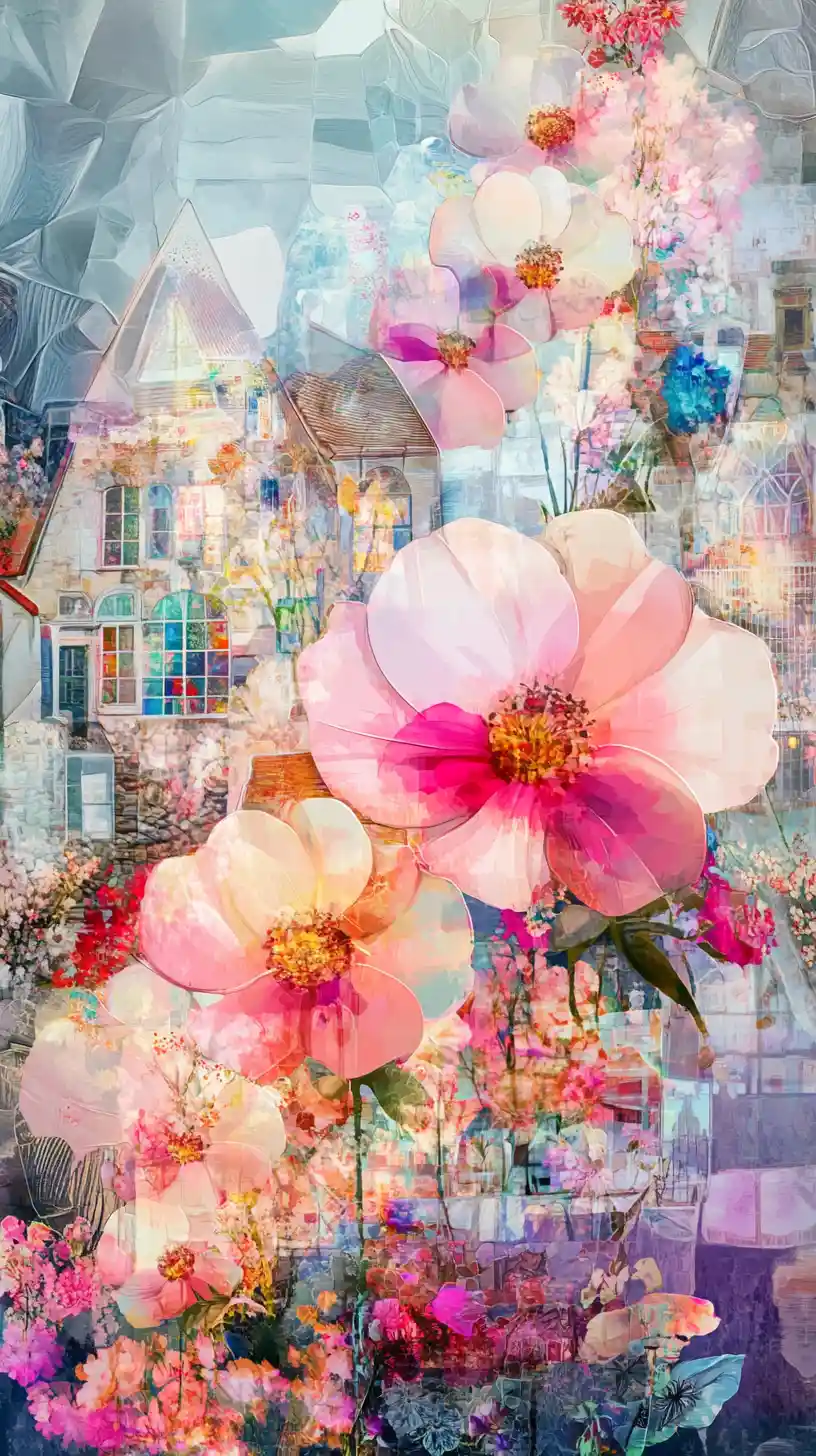 Vila em tons pastéis com flores em plena floração e detalhes em vidro