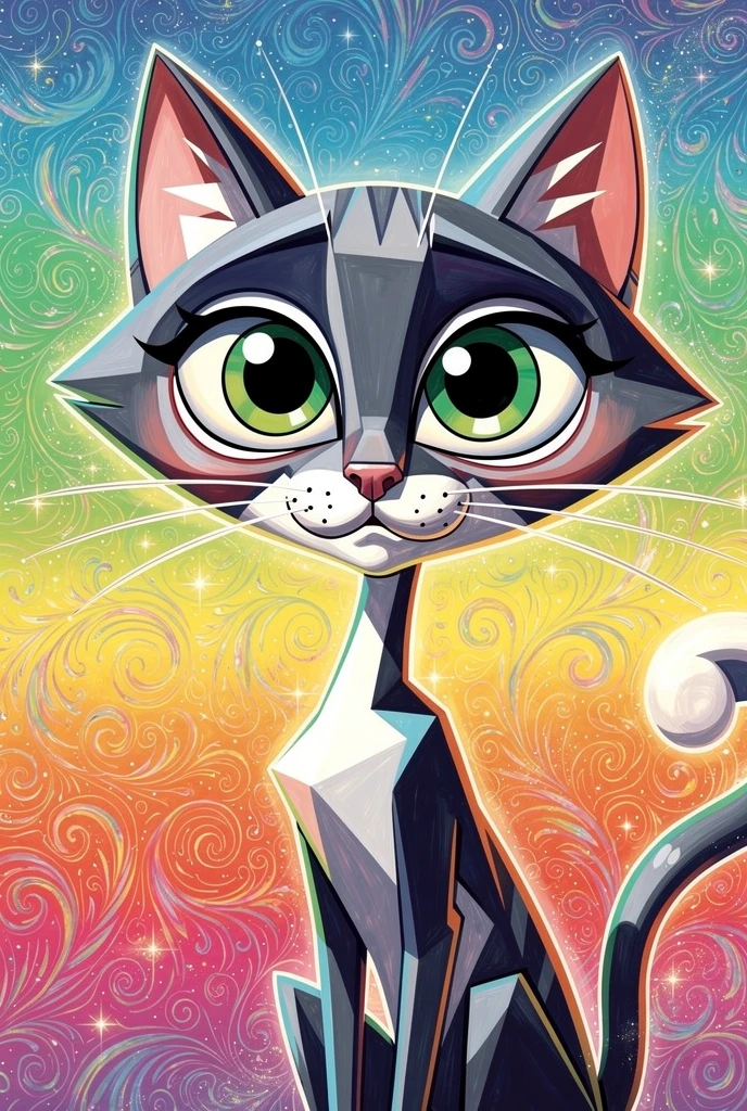 Cubist cartoon cat close up with rainbow psychedelic background