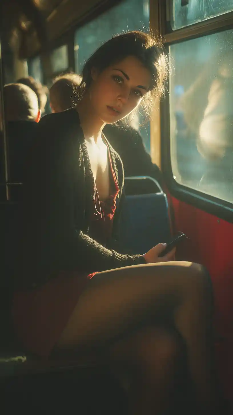 Asian woman on a morning bus bathed in soft sunlight