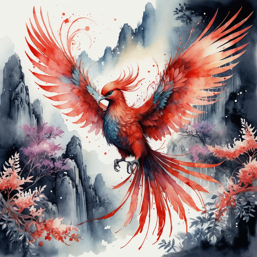 Phoenix with flowing ink wash wings in a lush garden