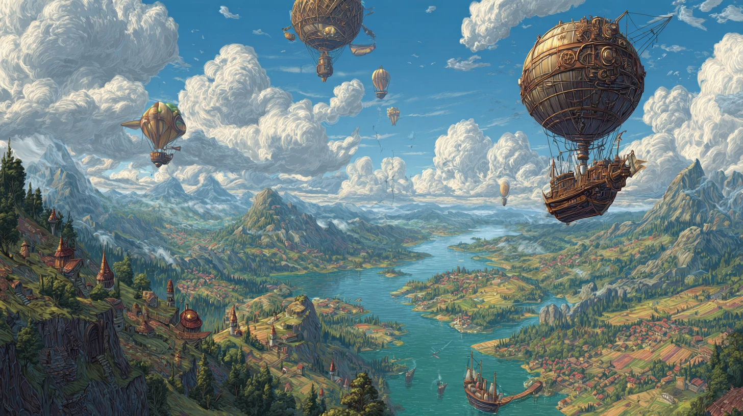 Colorful steampunk airships over a mountain river valley