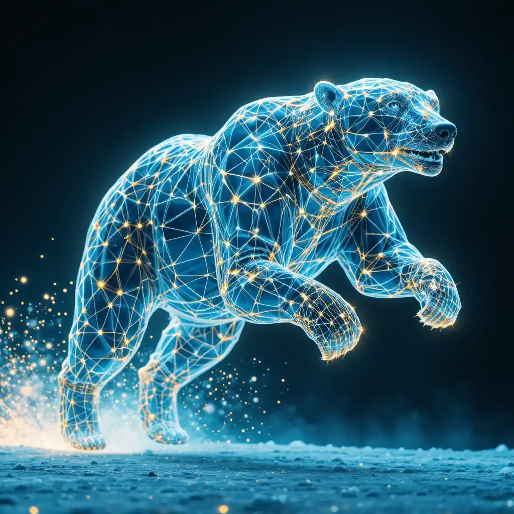 Running polar bear in glowing geometric wireframe illustration