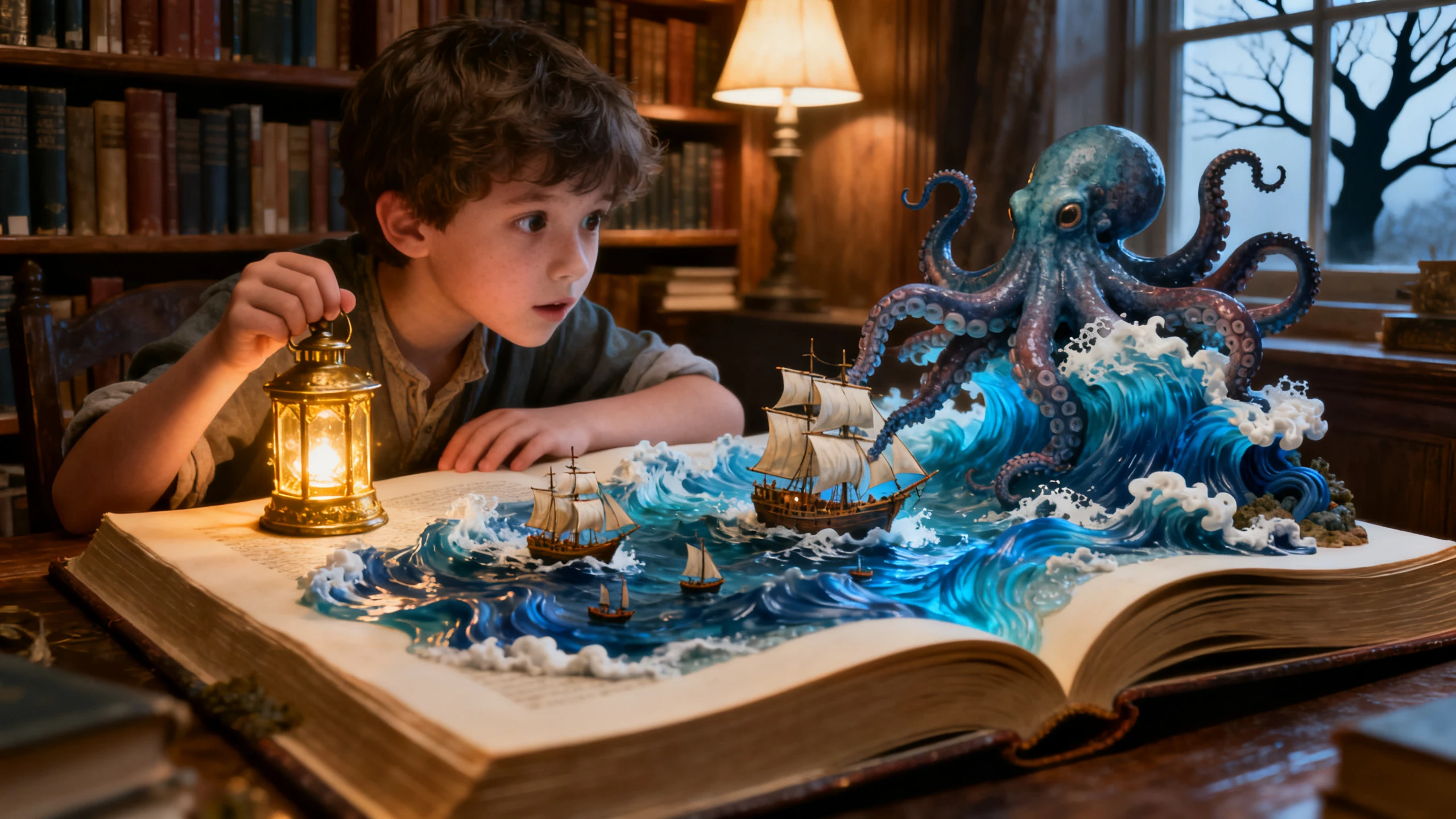 Niño que descubre un mundo oceánico mágico dentro de un libro
