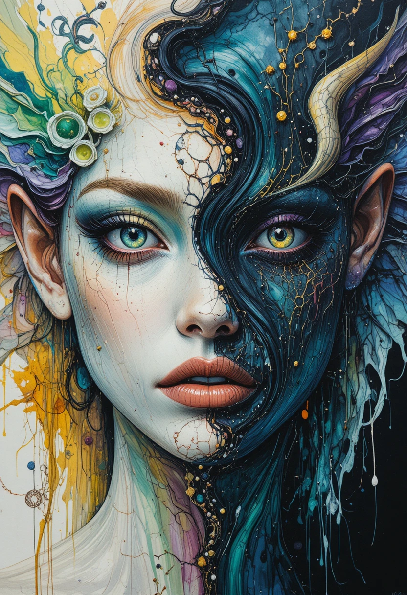 Close up mixed media vision of angel and demon duality