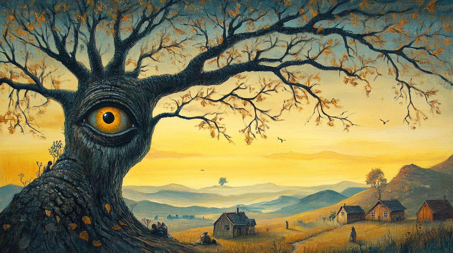 Tall tree with hollow knot in a surreal folk landscape