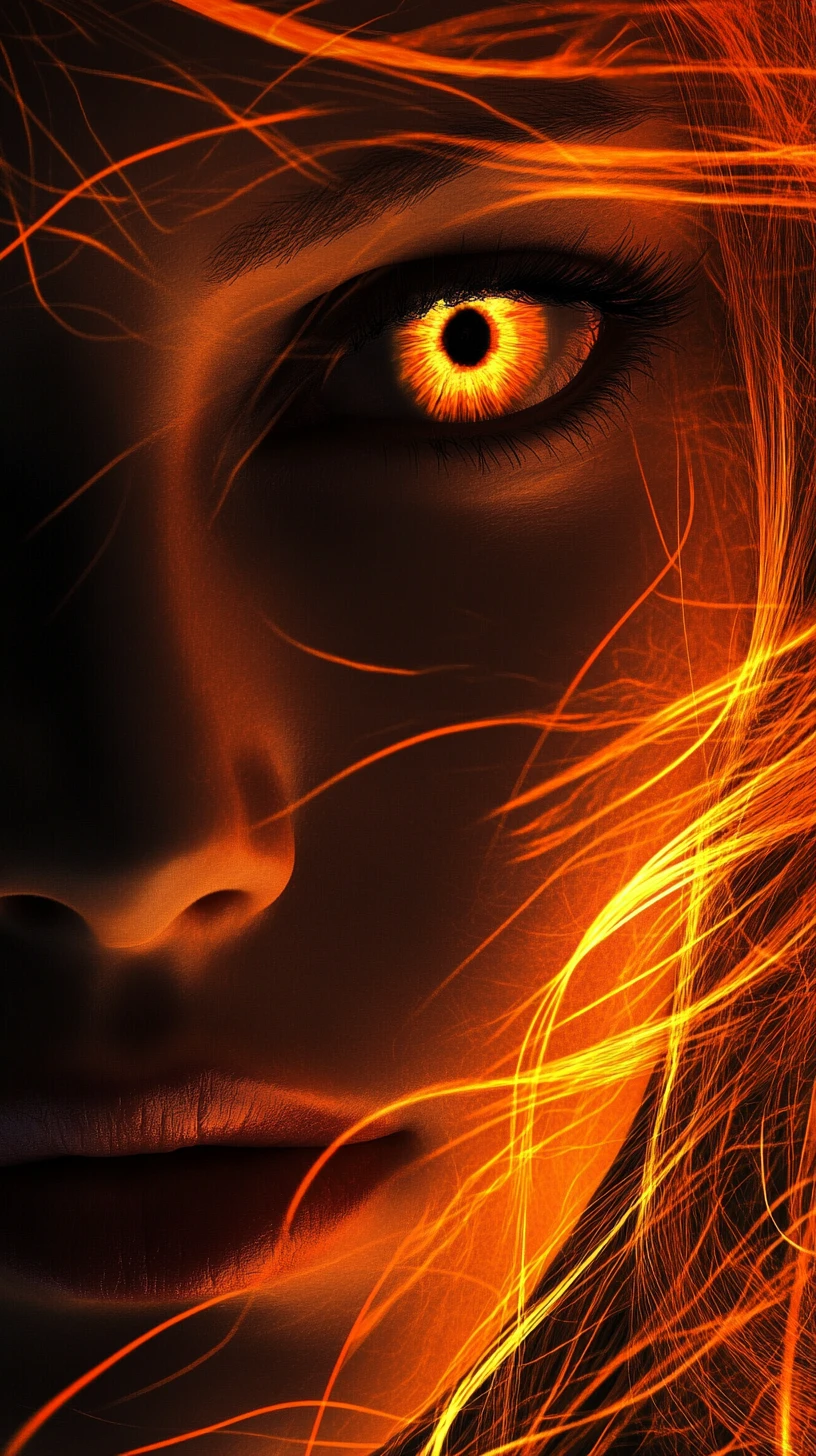 Neon orange haired woman dissolving into glowing vertical lines