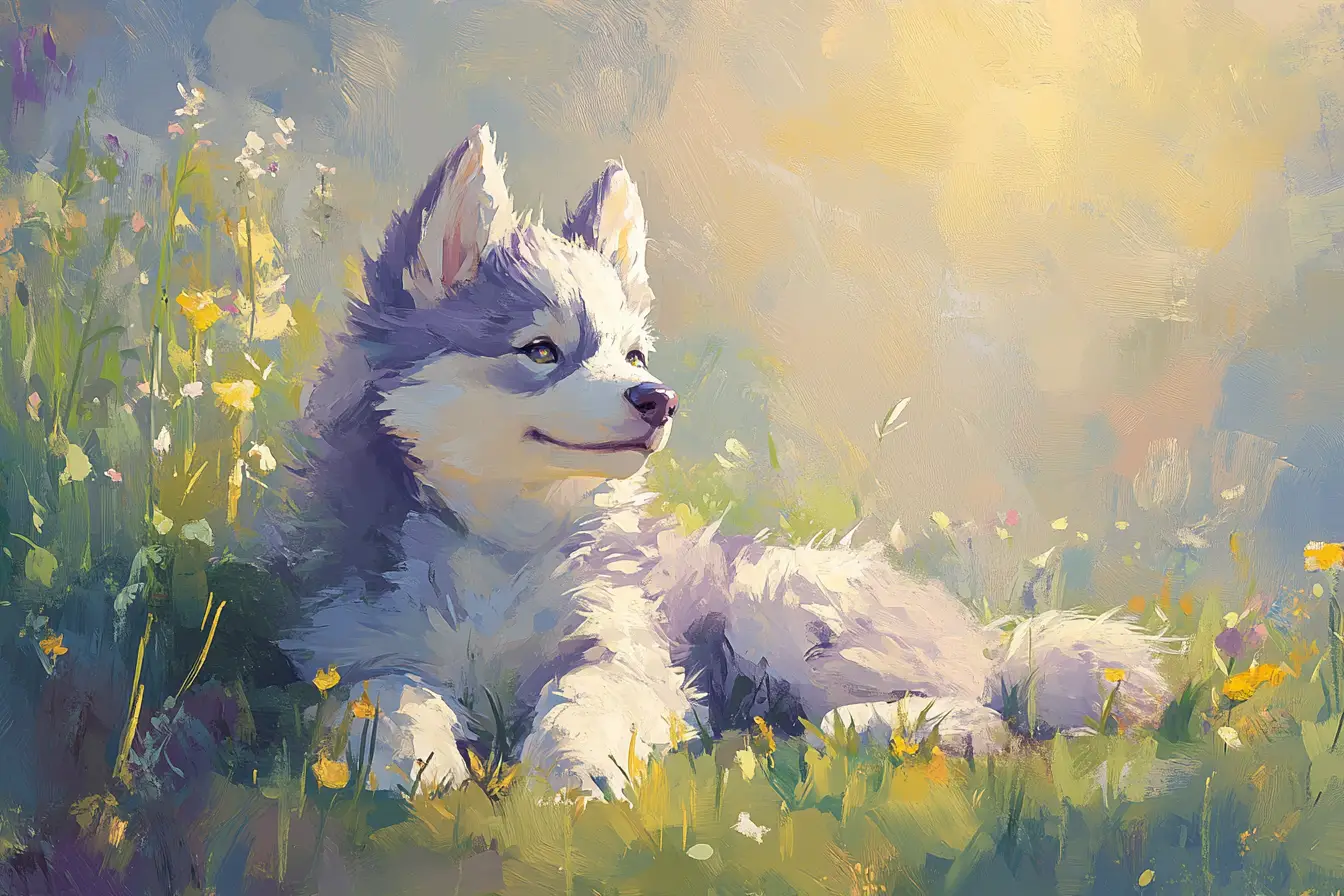 Fluffy husky puppy playing in a bright spring meadow