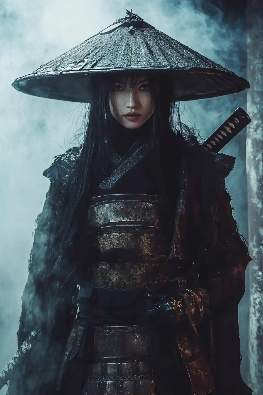 Mystical warrior woman in futuristic samurai inspired clothing