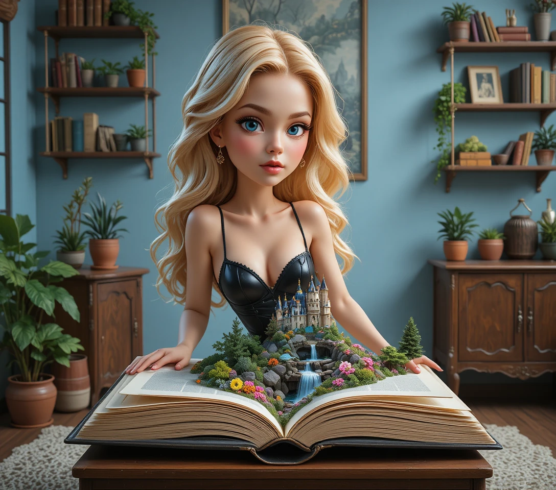 Miniature open book revealing an enchanted fairy tale garden