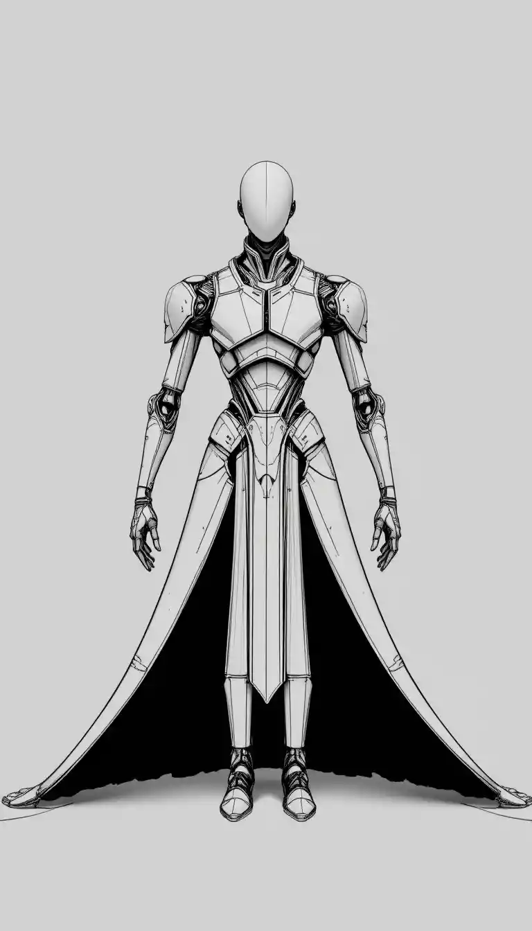 Figure robotique symétrique en armure stylisée, vue de face