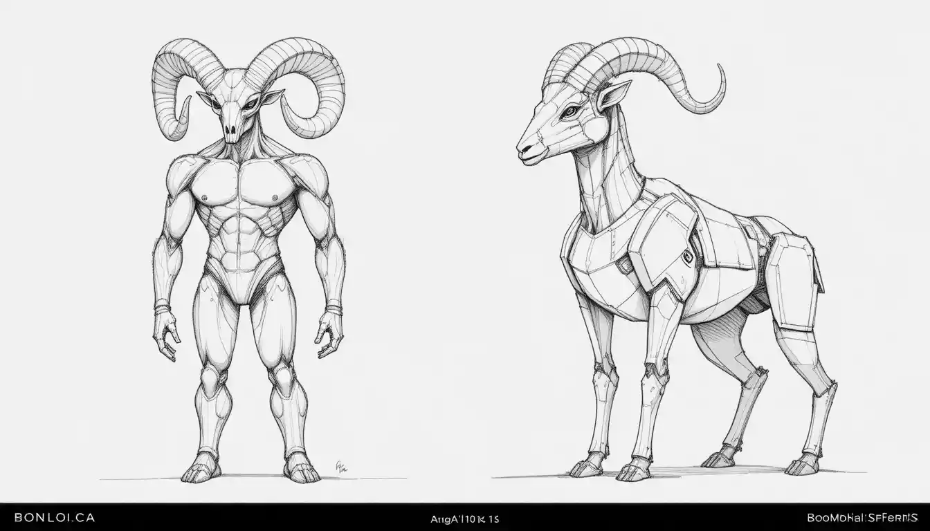 Pencil sketch of humanoid ram and quadruped ram concept