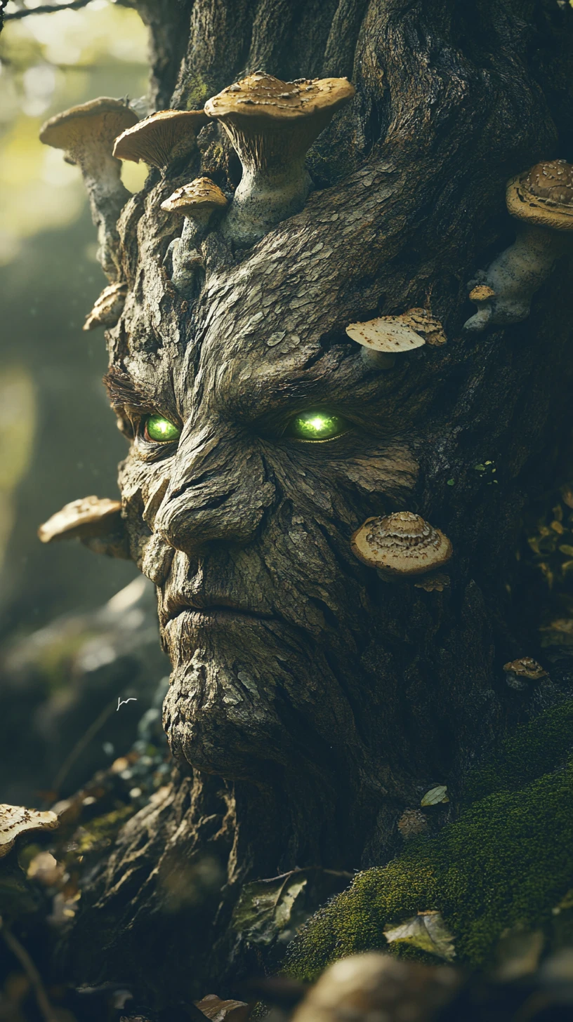 Anthropomorphic Tree Trunk With Glowing Eyes In Forest
