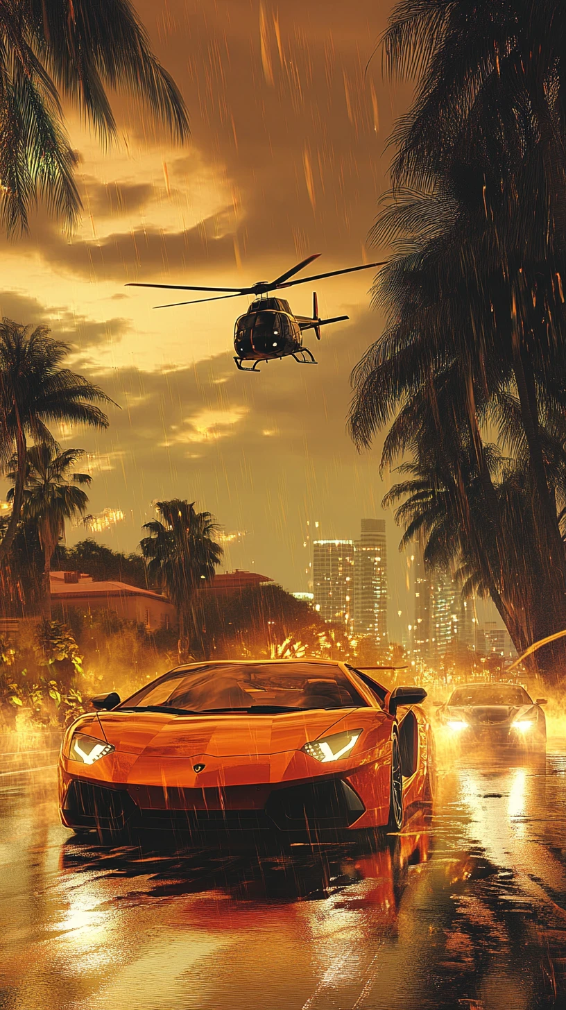 Sports car speeding beside helicopter in fast transport scene