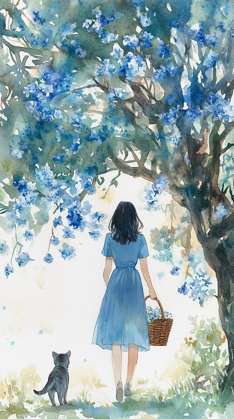 Girl in blue dress walking with cat under flowering tree