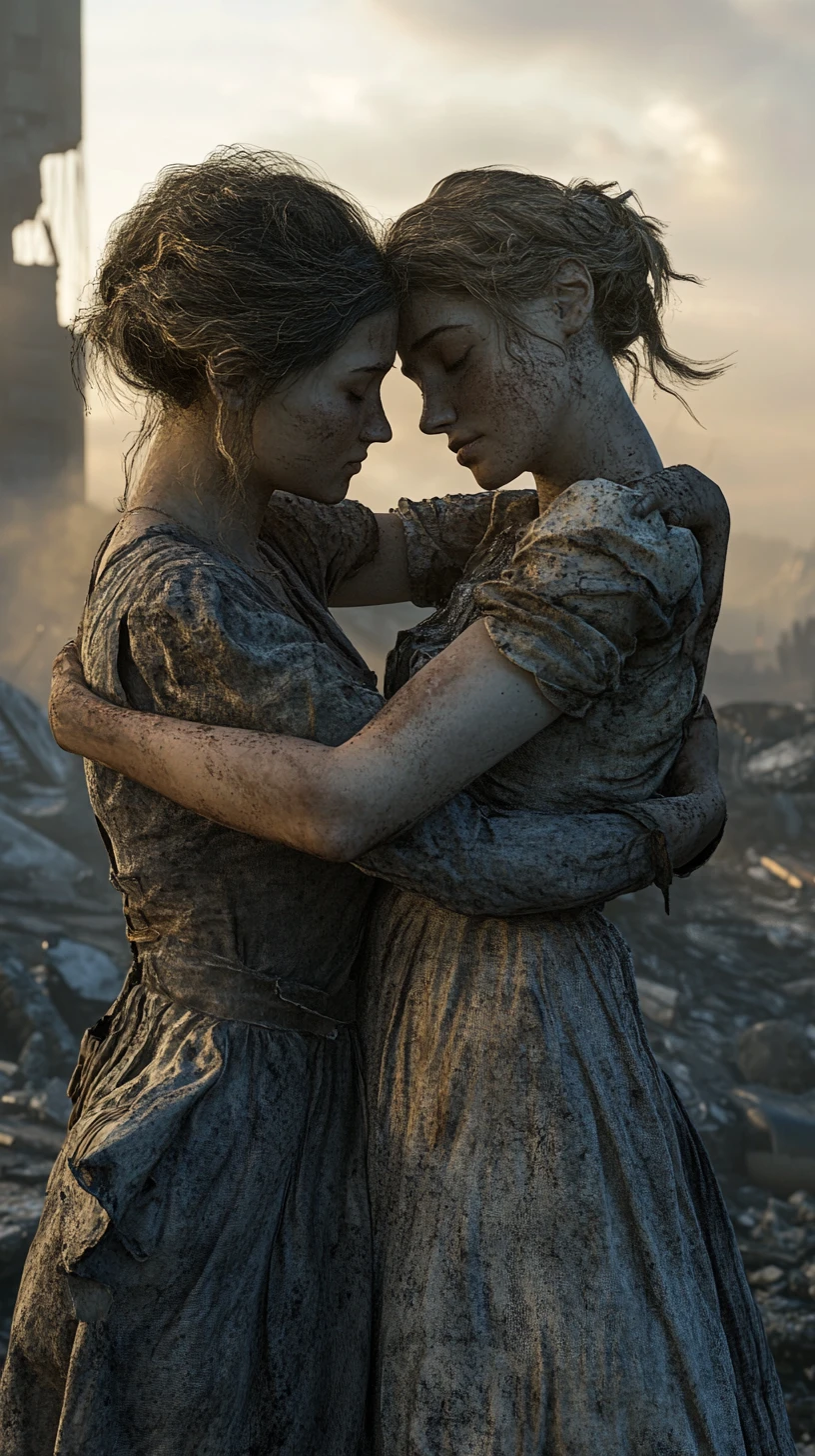 Two women waltzing amid the ruins of a devastated city