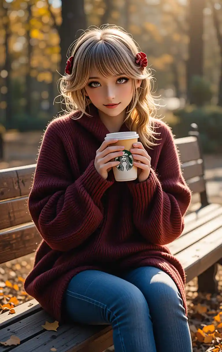 Young woman in burgundy sweater sipping coffee on bench