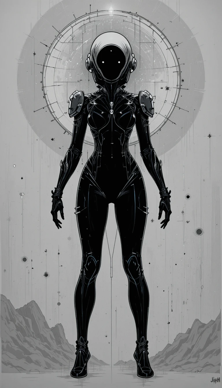 Futuristic cybernetic woman in halo black and white drawing