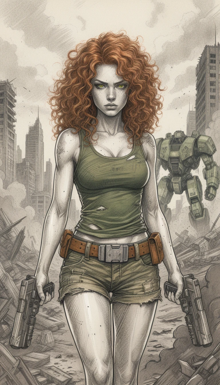 Battle worn woman with pistols in ruined cityscape
