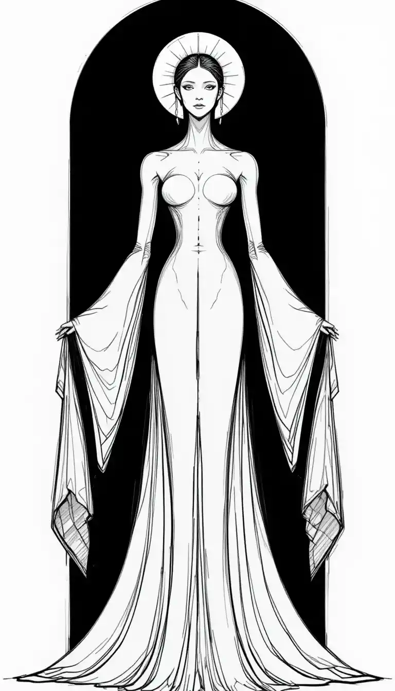 Minimalistische schwarz‑weiße Sternengöttin im fließenden Kleid