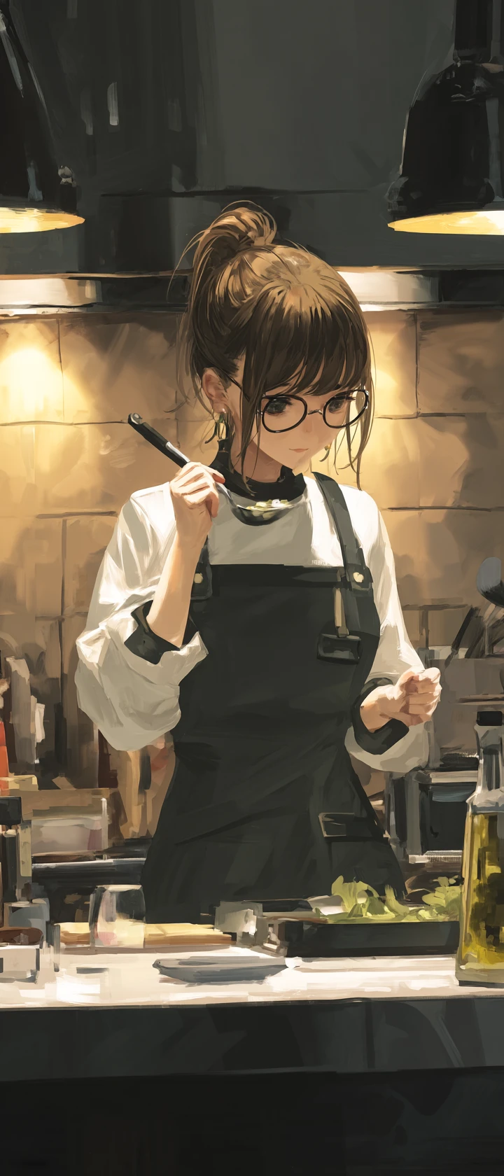 明るいキッチンで自分の料理を味見するアニメ風シェフ