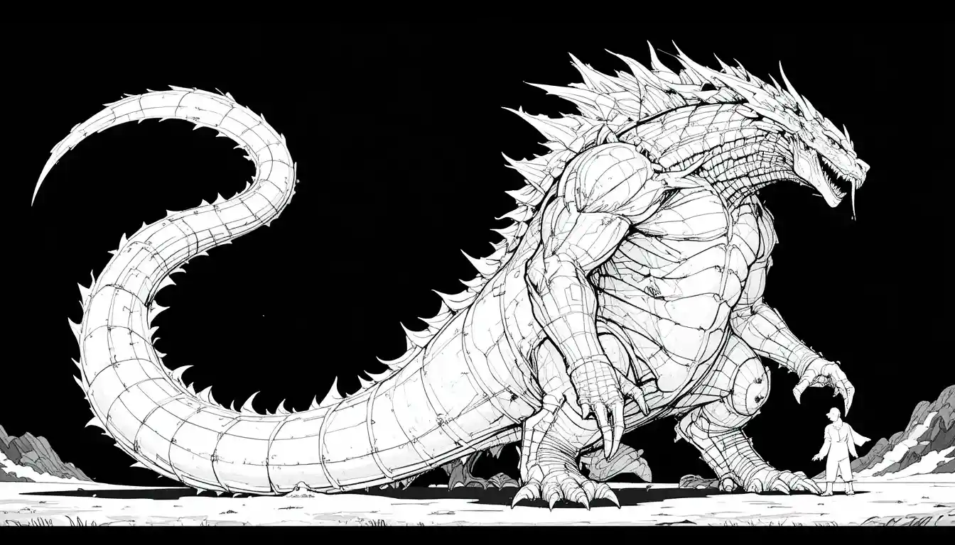 Black and white drawing of a massive spiked mythical creature