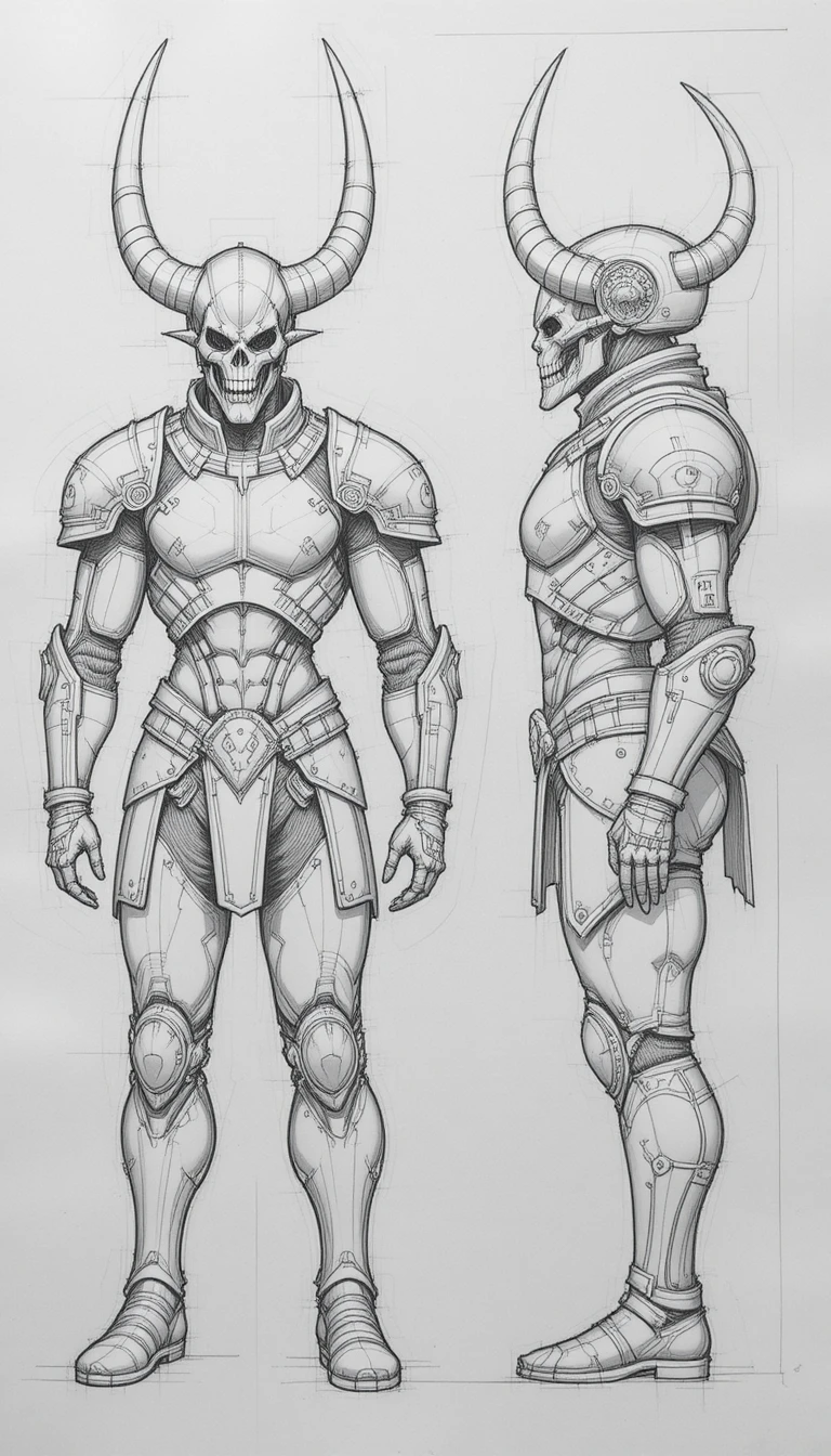 Horned armored warrior pencil concept in front and side views