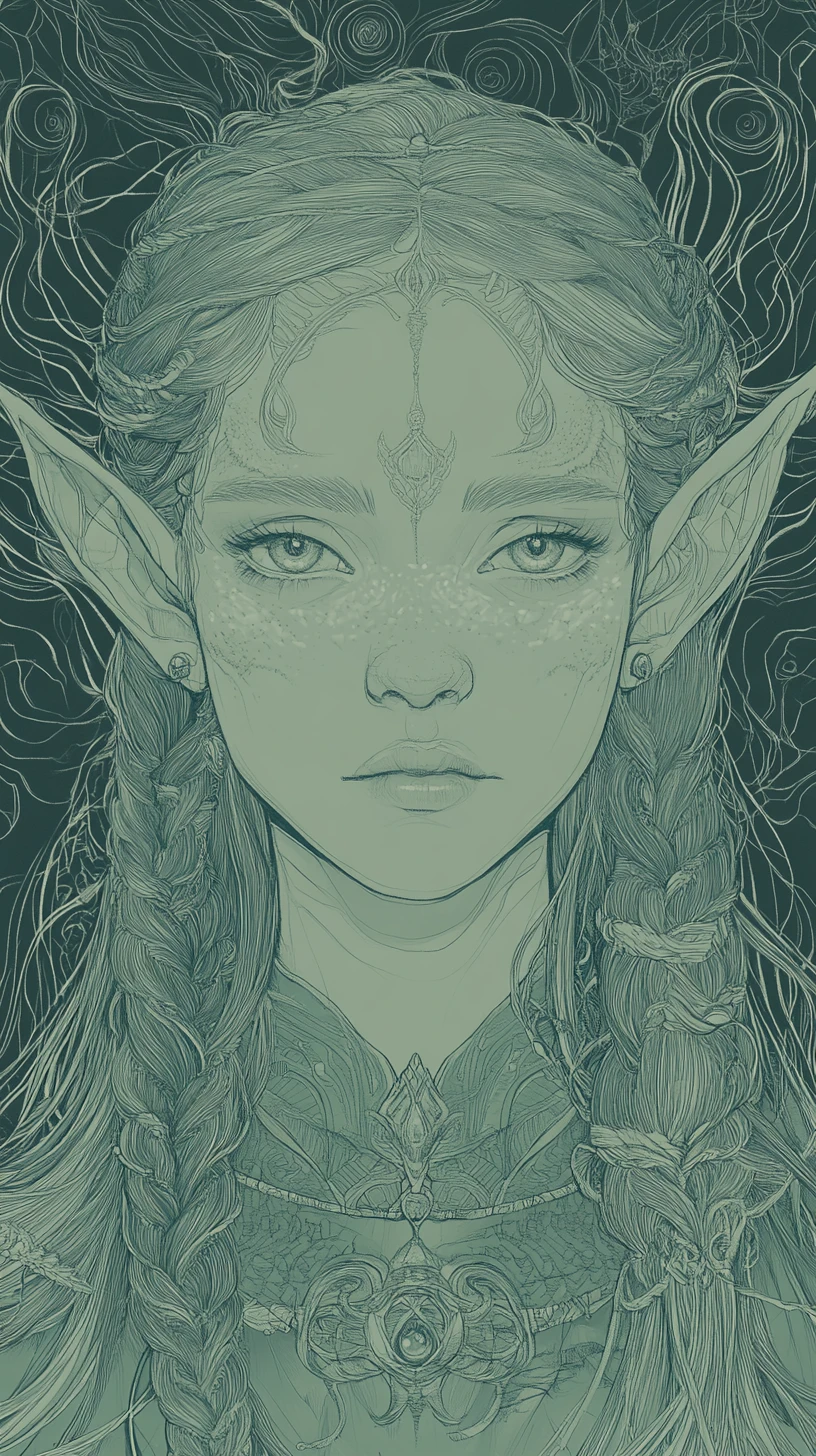 Mystical elf girl portrait with many eyes and braids